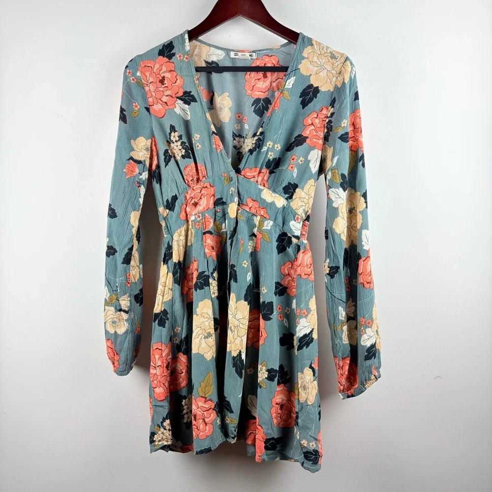 Billabong Your Love Skater Mini Dress Blue Pink Floral Flowy Rayon Boho Medium - Picture 4 of 12